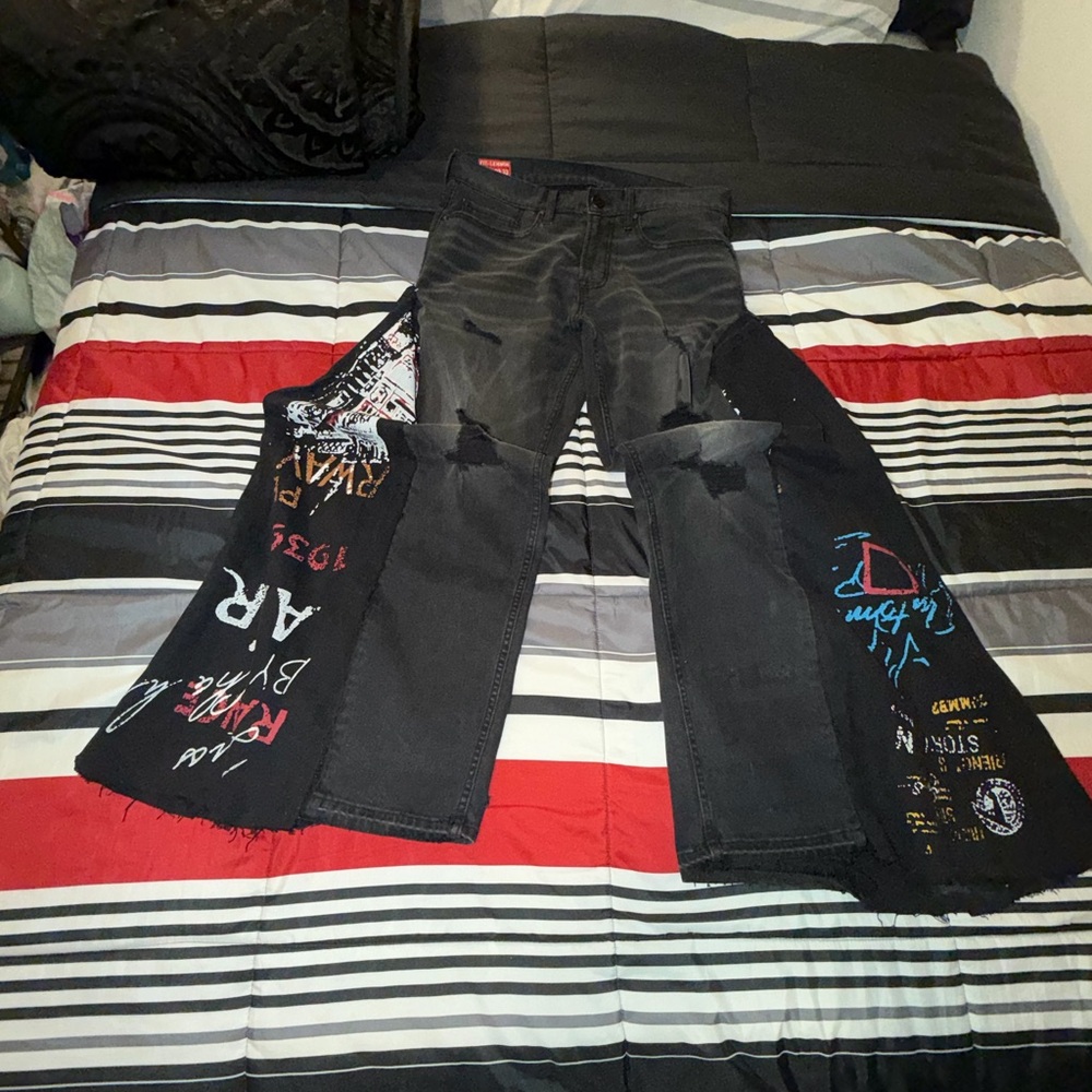 1of1 Custom Black Distressed Wide Leg Patchwork Flared Jeans with Graphic Panels